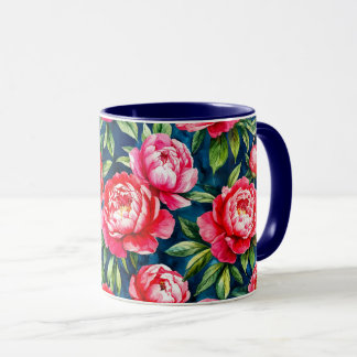 Taza Peonías Rosadas Rojas & Patrón Azul con Hojas Verd