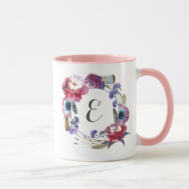 Taza Peony del Wildflower floral con el monograma de (Derecha)