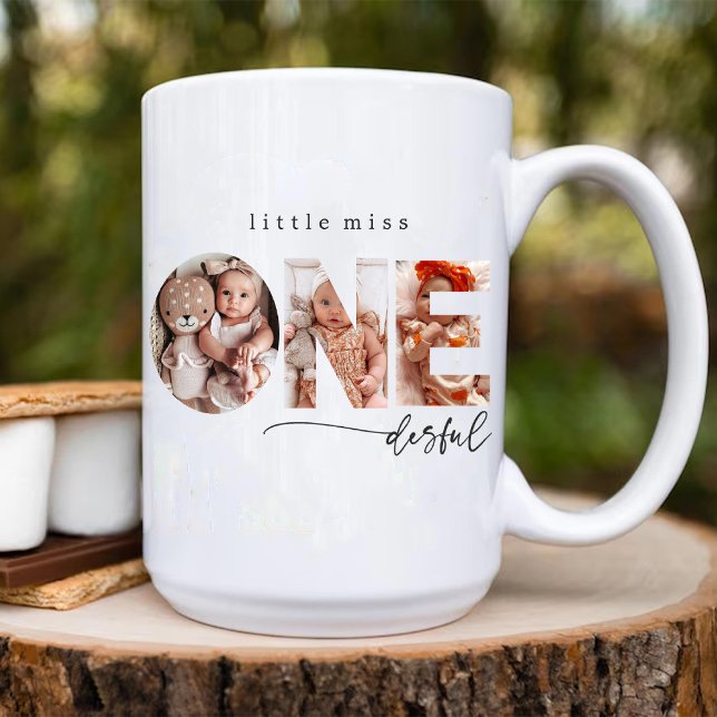 Taza Pequeña Miss Maravillosa Niña Primera Fotos de Cum (Little Miss Onederful Baby Girl 1st Birthday Photo Mug)
