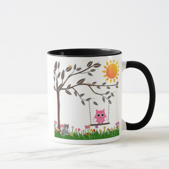 Taza Pequeño búho rosado que balancea en una rama de (Derecha)