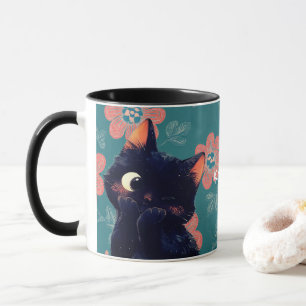 Taza Pequeño gatito negro con fondo floral
