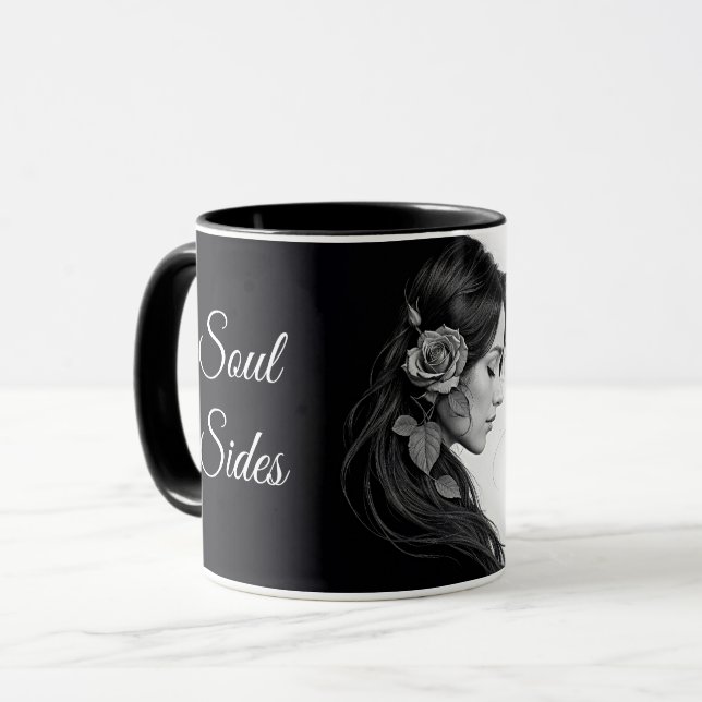 Taza Perfil femenino artístico con rosa en monocromo (Anverso izquierdo)
