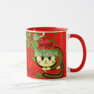 Taza Perforaciones de pintura de gato gruñón, roja y ve