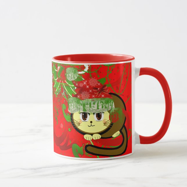 Taza Perforaciones de pintura de gato gruñón, roja y ve (Derecha)
