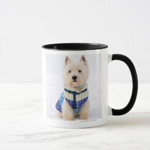 Taza Perro blanco en ropa en la nieve
