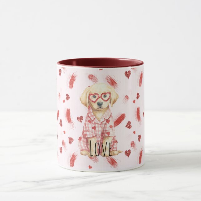Taza Perro con gafas de corazón brillo corazones de amo (Centro)