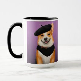 Taza Perro de Corgi de Moda Cuidada con Beret y Bandann