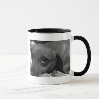 Taza Perro del Dachshund con los ojos tristes en blanco