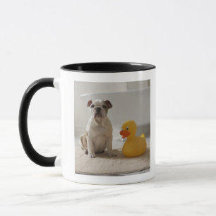 Taza Perro en la estera con el pato plástico