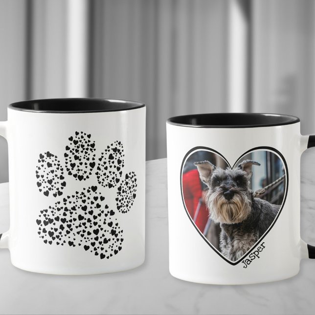 Taza Perro Papel cardíaco Papelera impresión personaliz (Custom photo mug with a heart-filled paw and your dog's photo in a heart shape)
