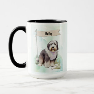 Taza Perro Pastor Inglés Antiguo Acuarela Personalizado