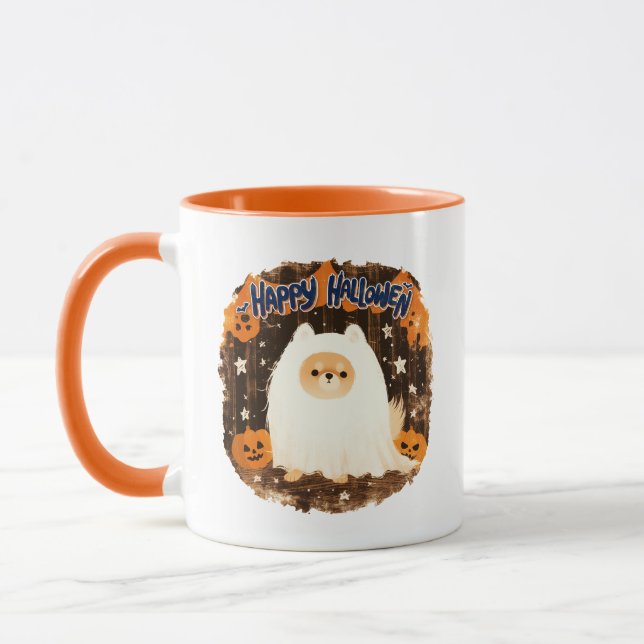 Taza Perro pomerano con traje fantasma - Feliz Hallowee (Izquierda)