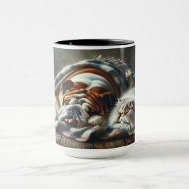 Taza perro y gato dando palmadas juntos.