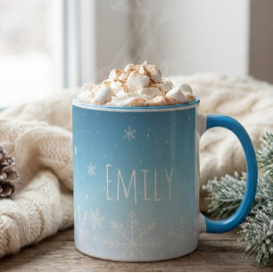 Taza personaliza el nombre copo de nieve invierno frío 