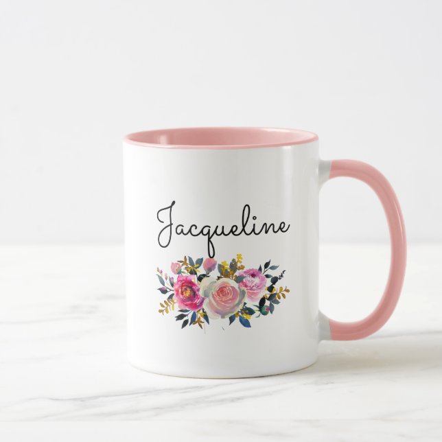 Taza Personaliza el nombre de Rubor Peonies Floral Bouq (Derecha)