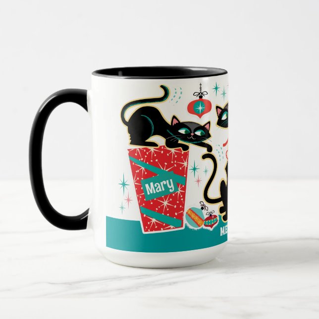 Taza personalizable de gatos de Navidad retro (Izquierda)