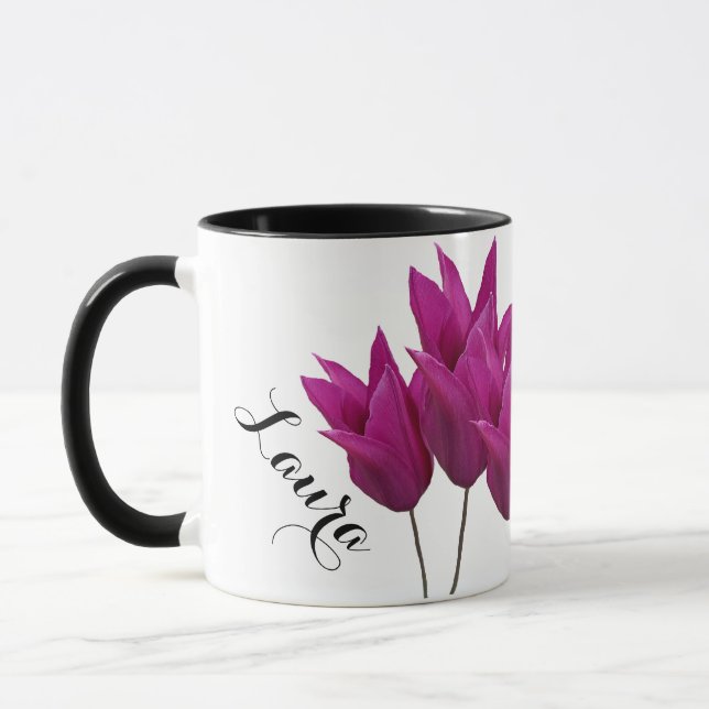 Taza Personalizable Laura bonito tulipanes rosados flor (Izquierda)