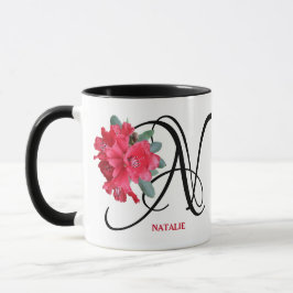 Taza Personalizable Natalie nombre monograma flores roj
