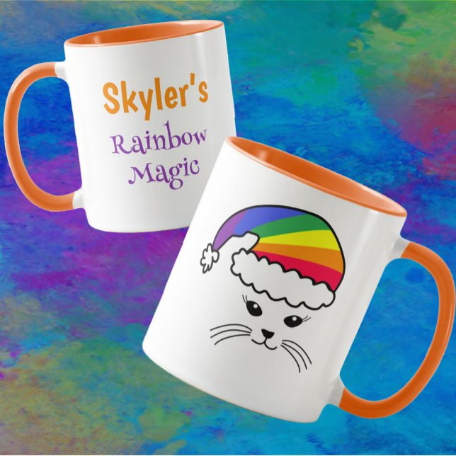 Taza Personalizable Pequeño gato arcoiris Santa (Subido por el creador)