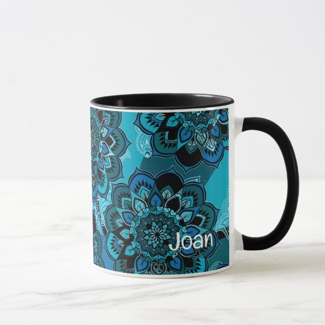 Taza Personalización Nombre Azul Boho Paisley Negro Den (Derecha)