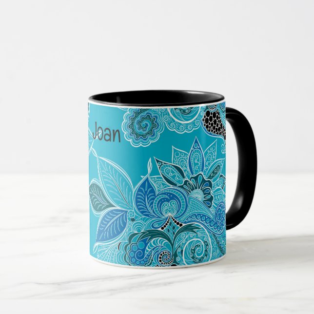 Taza Personalización Nombre Azul Boho Paisley Negro Den (Anverso derecho)
