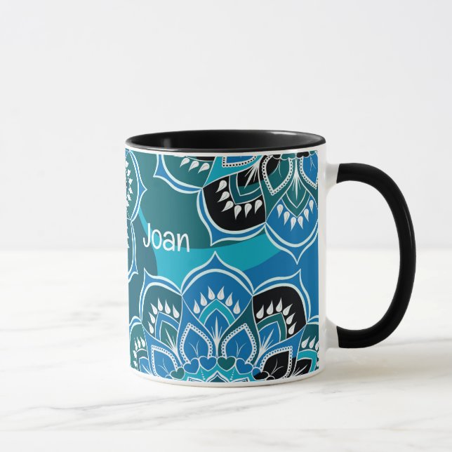 Taza Personalización Nombre azul Paisley negro interior (Derecha)