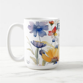 Taza personalizada azul dorada boho con flores sil