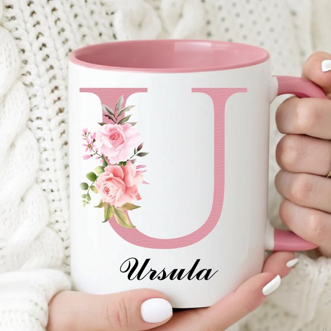 Taza Personalizada con Clave Monograma de Rosa Ros (Personalized Rose Floral Mug Birthday Gift for Her, Pink Roses Monogram Mug Graduation Gift for Her)