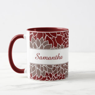 Taza personalizada con dalias rojas y plateadas