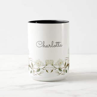 Taza personalizada con flores blancas, nombre pers