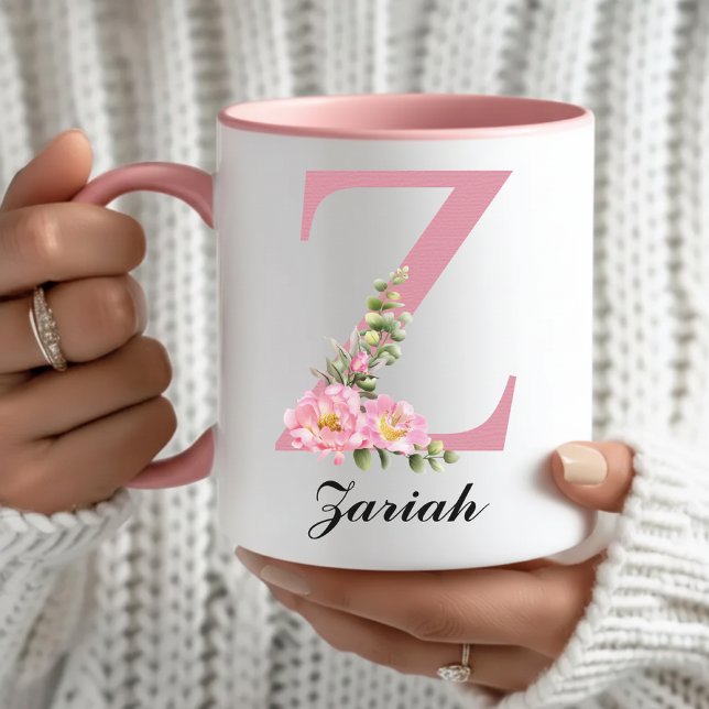 Taza Personalizada con Flores Rosadas como Regalo  (Pink Roses Monogram Mug Graduation Gift for Her, Personalized Floral Rose Mug Christmas Gift for Mom)