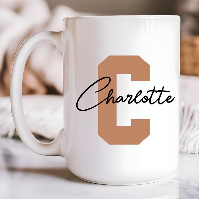 Taza Personalizada con Iniciales y Nombre Brown, C (custom mug for women, personalized mug for girls, elegant mug design, light brown gift, custom mug)