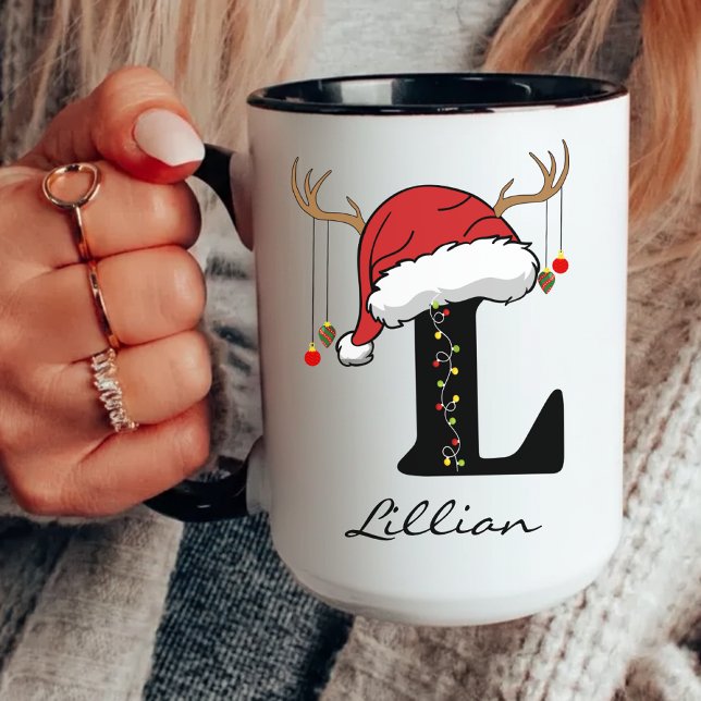 Taza personalizada con monograma de Papá Noel rega (christmas mug for her, christmas mug for him, custom christmas mug, christmas family gift for dad,)