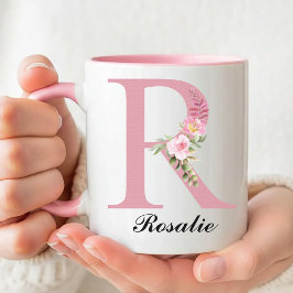 Taza Personalizada con Monograma de Rosas Rosadas 