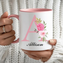 Taza Personalizada con Monograma Floral Rosa Regal