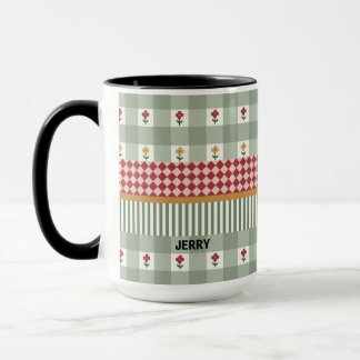 Taza personalizada con nombre floral en verde salv