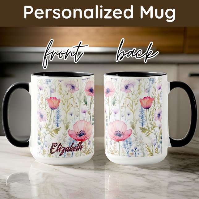 Taza personalizada de acuarela de flores silvestre (Birthday gift for her, birthday mug for mom, watercolor floral gift for women, custom mug for her)