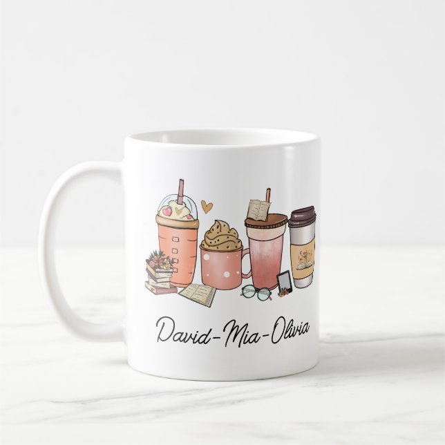 Taza personalizada de día de libro y café – Nombre (Izquierda)