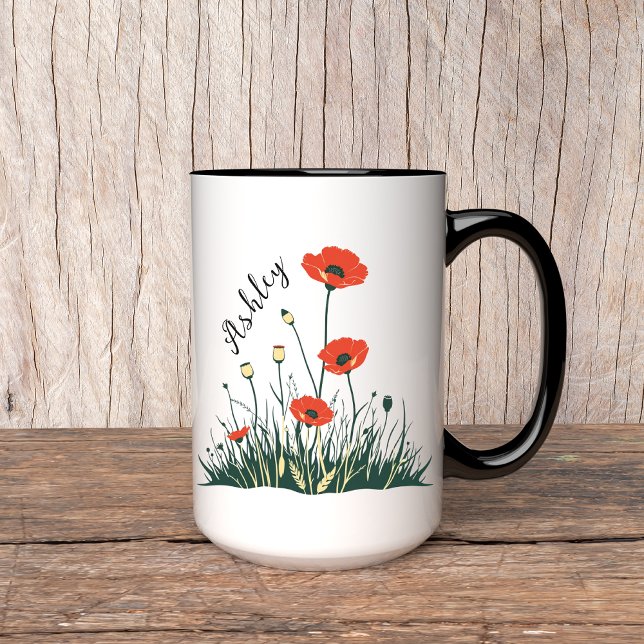 Taza Personalizada de Flores de Amapola, Regalo pa (poppy flowers mug, custom name mug, personalized name mug, birthday gift mug, Mother’s Day mug,)