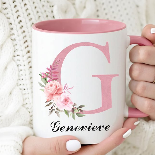 Taza Personalizada de Flores Silvestres Rosadas Re (Personalized Pink Monogram Mug Mother’s Day Gift for Mom, Floral Initial Coffee Mug Gift for Grandma)
