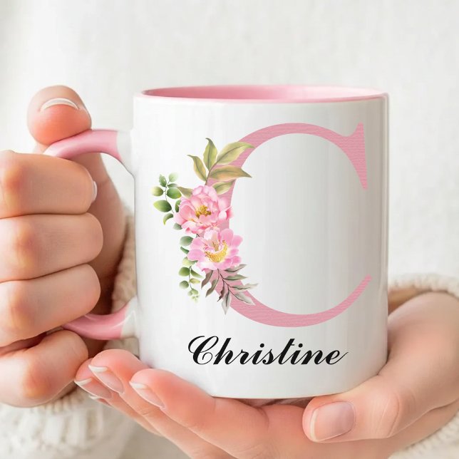 Taza Personalizada de Nombre Inicial Rosa Regalo p (Personalized Wildflower Mug Graduation Gift for Her, Pink Floral Name Mug Thank You Gift for Mom)