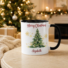 Taza Personalizada Feliz Navidad Árbol Acuarela No