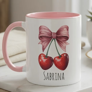 Taza personalizada "Sabrina" con cerezas y lazo ro