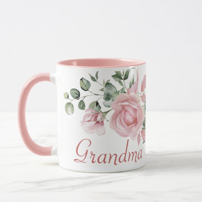 Taza Personalizado Abuela Rosa Floral 4 niños Nombres (Izquierda)