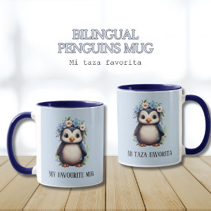 Taza Personalizado azul de pingüinos pequeños Bilingüe