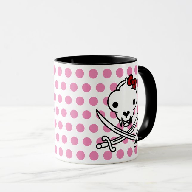 Taza Personalizado Black White Jolly Kitty Pirate Skull (Anverso derecho)