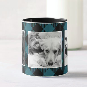 Taza Personalizado Blue Family Photo Buffalo Plaid Patt