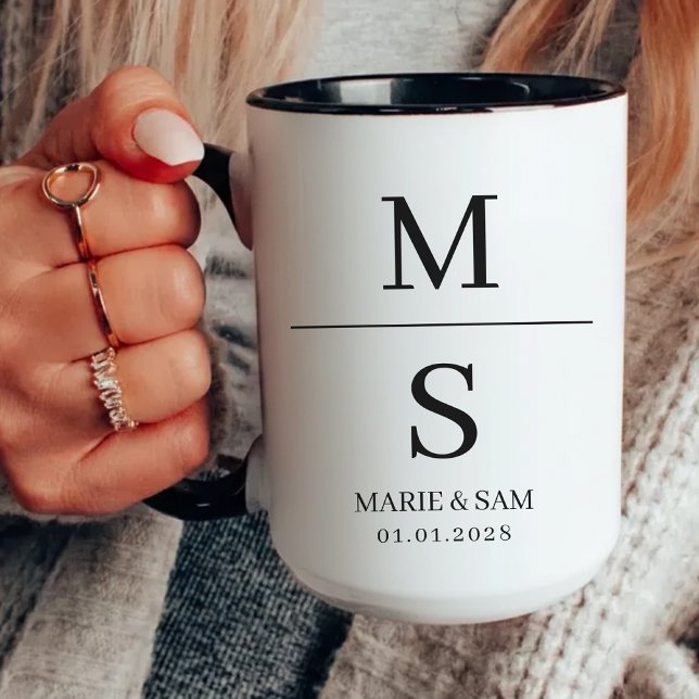 Taza Personalizado Boda Minimalista Mug, novia y regalo (personalized couple mug, wedding monogram mug, wifey and hubby mug, anniversary couple mug,)
