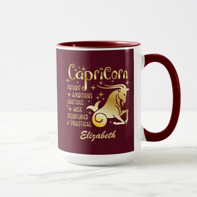 Taza Personalizado Capricorn Zodiac Rótulo Gold Maroon  (Derecha)