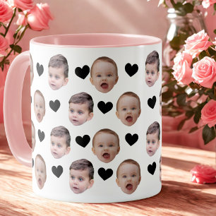 Taza Personalizado Cute Baby Face 2 Fotos Corazón Negro